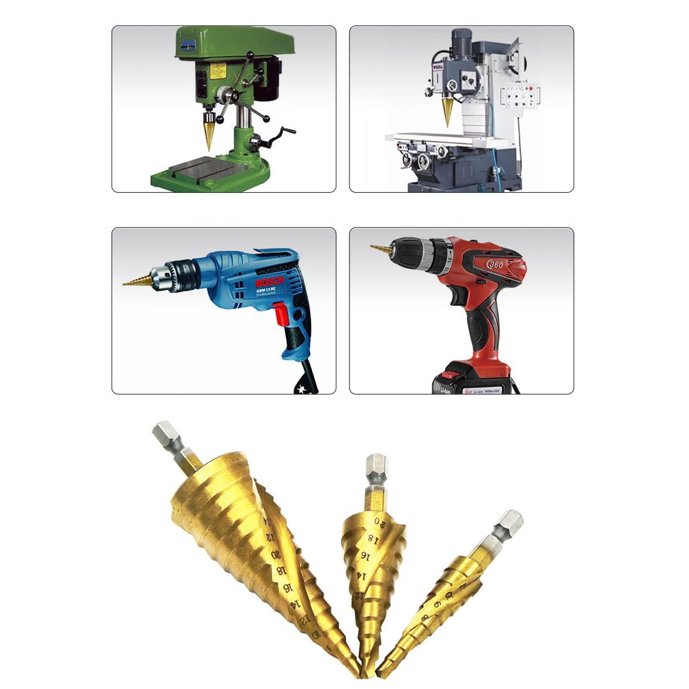 Step Drill, Helix, Hexagonal Axis Drill, Set of 3, Titanium , Spiral HSS Steel,