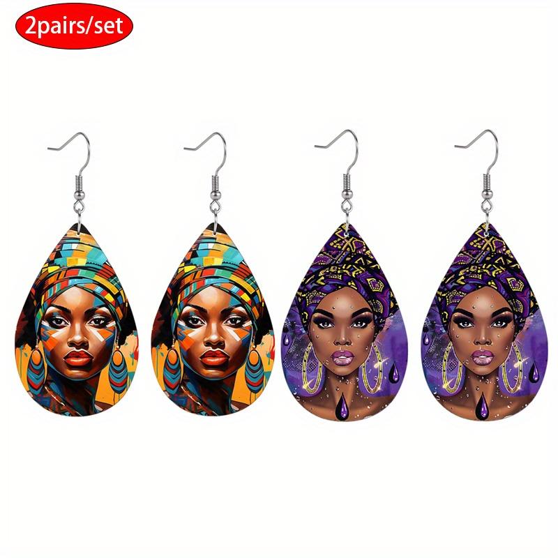 Colorful Ethnic Costume African Female Pattern PU Leather Earrings Ladies Elegant Earrings Ethnic Style Earrings Personality Earrings
