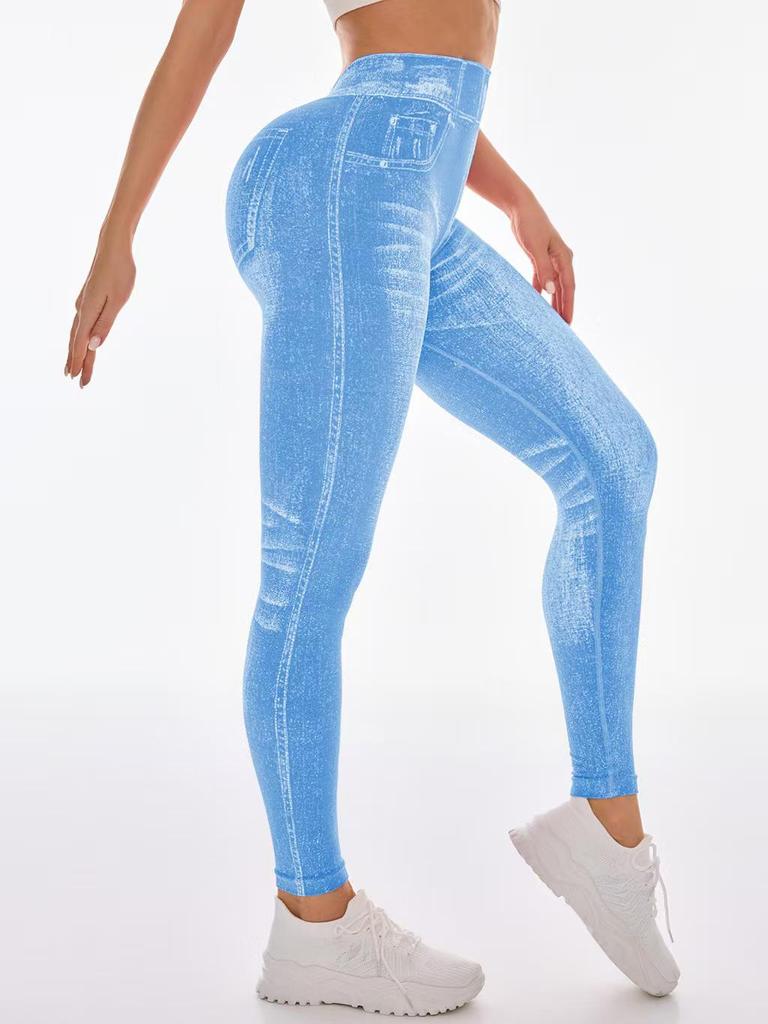 Nahtlose High-Waist Po-Lifting Yoga-Hose für Damen - Schnelltrocknend, Schlankmachend, Enganliegend im Denim-Stil für Laufen & Fitness