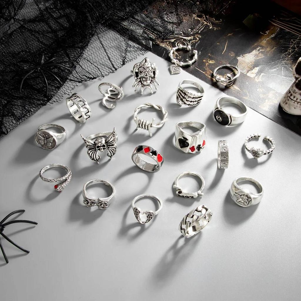 Ingemark Halloween Goth Skull Spider Snake Rings Set for Men Vintage Silver Color Big Size Rings Unisex Festival Party Jewelry