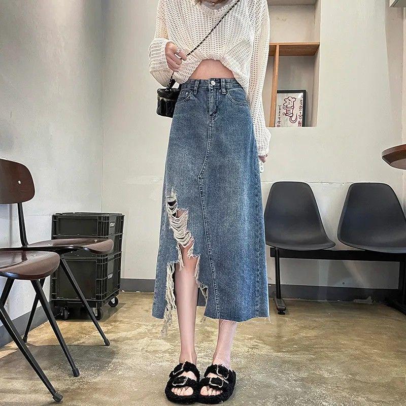 

High Waist Irregular Denim Midi Skirt - Summer/Autumn Trend: Slimming A-Line with Slit and Rips for a Spicy Look S (80-95 kg recommended)