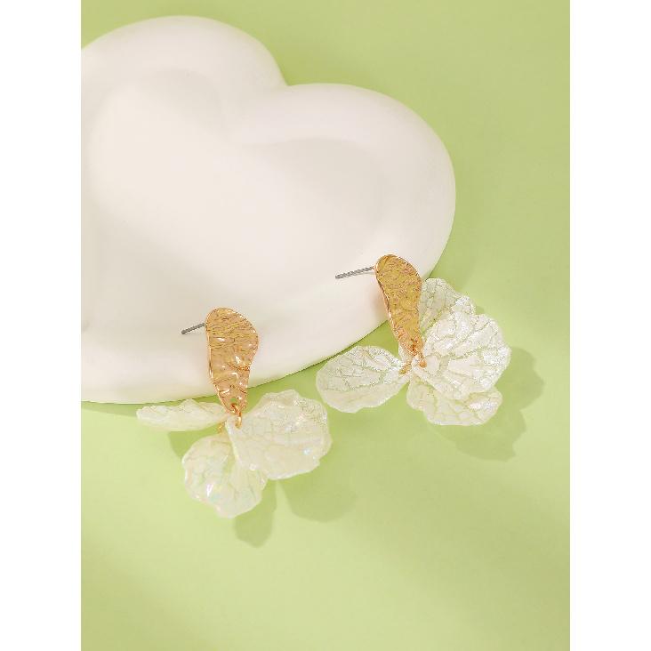 Iridescent White Flower Petal Drop Earrings Gold Tone Brushed Metal Dangle Studs Elegant Summer Floral Jewelry for Women