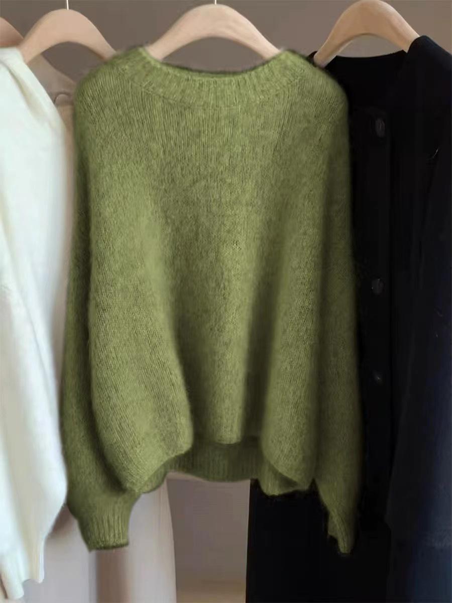 

Женский свитер с круглым вырезом из чистой шерсти в корейском стиле - Осенне-зимний ленивый нежный трикотаж L зелёный
