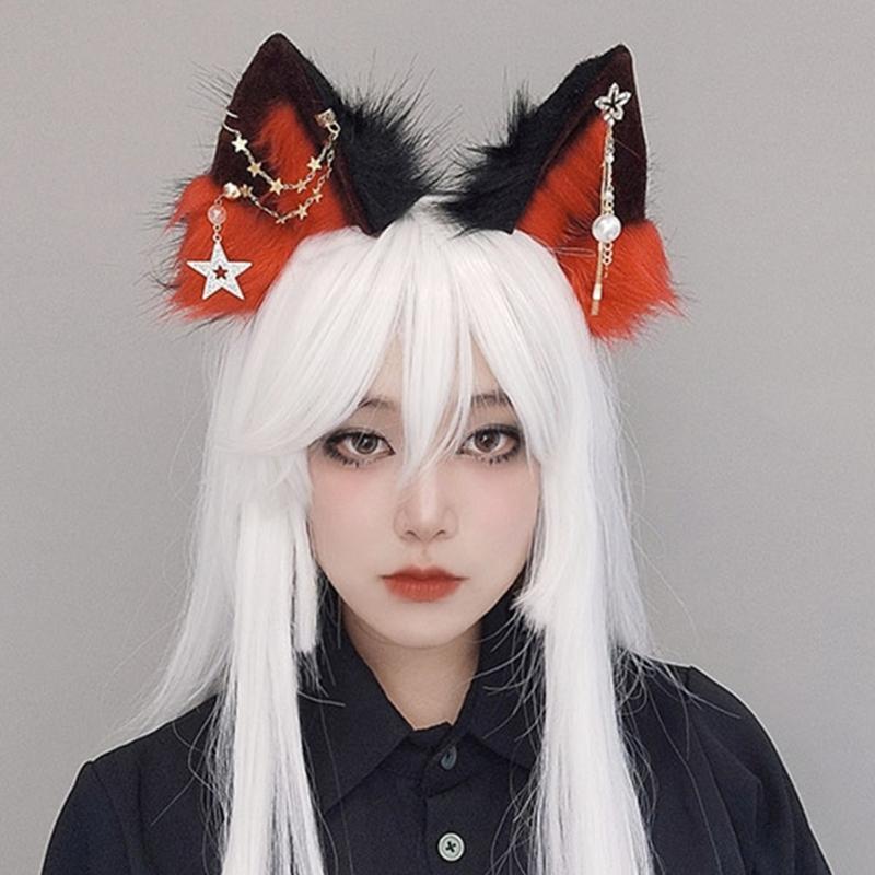 Wolf Ears Handmade Animal Furry Kitten Headband Star Tassels for Masquerade
