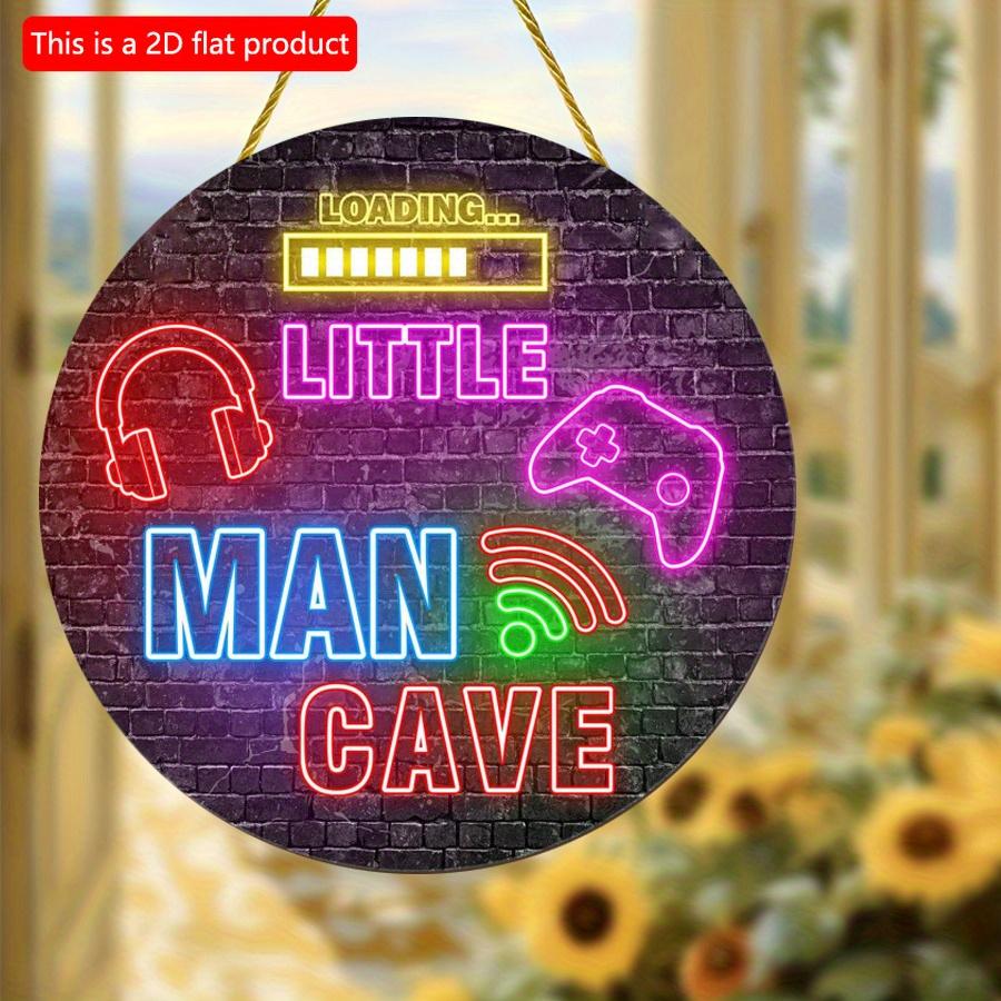 2D Flat 20*20cm 1pc Loading Little Man Gave Imitation of Neon Headphones Game Console Pattern Round Wooden Decor, Technology-sense Design Style