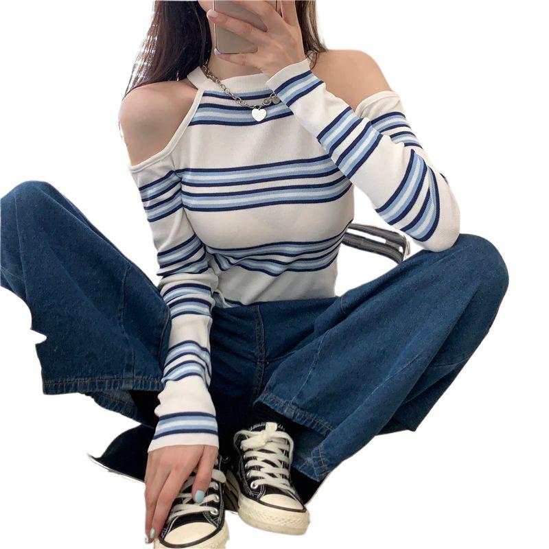 Women's Slim Off-Shoulder Striped Long-Sleeve Knit Sweater for 2025 Spring & Autumn