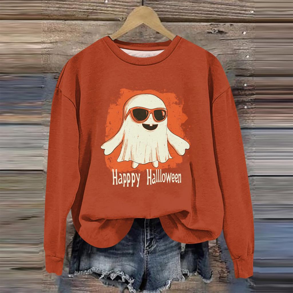 Moda feminina manga comprida estampa de Halloween gola redonda suéter top