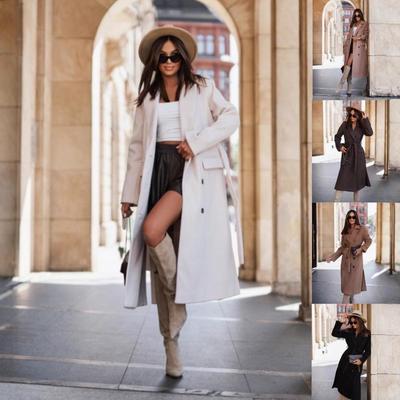 Women's 2023 Autumn/Winter Woolen Coat - Long Sleeve, Suit Collar, Tie Closure