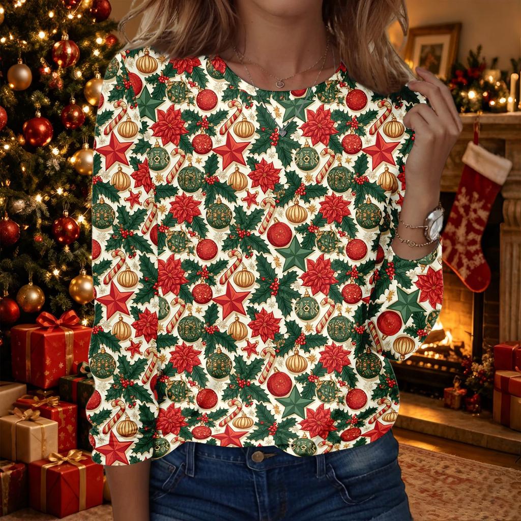 Women's Christmas Print Crewneck Long Sleeve Pullover Top for Holiday Party and Casual Wear