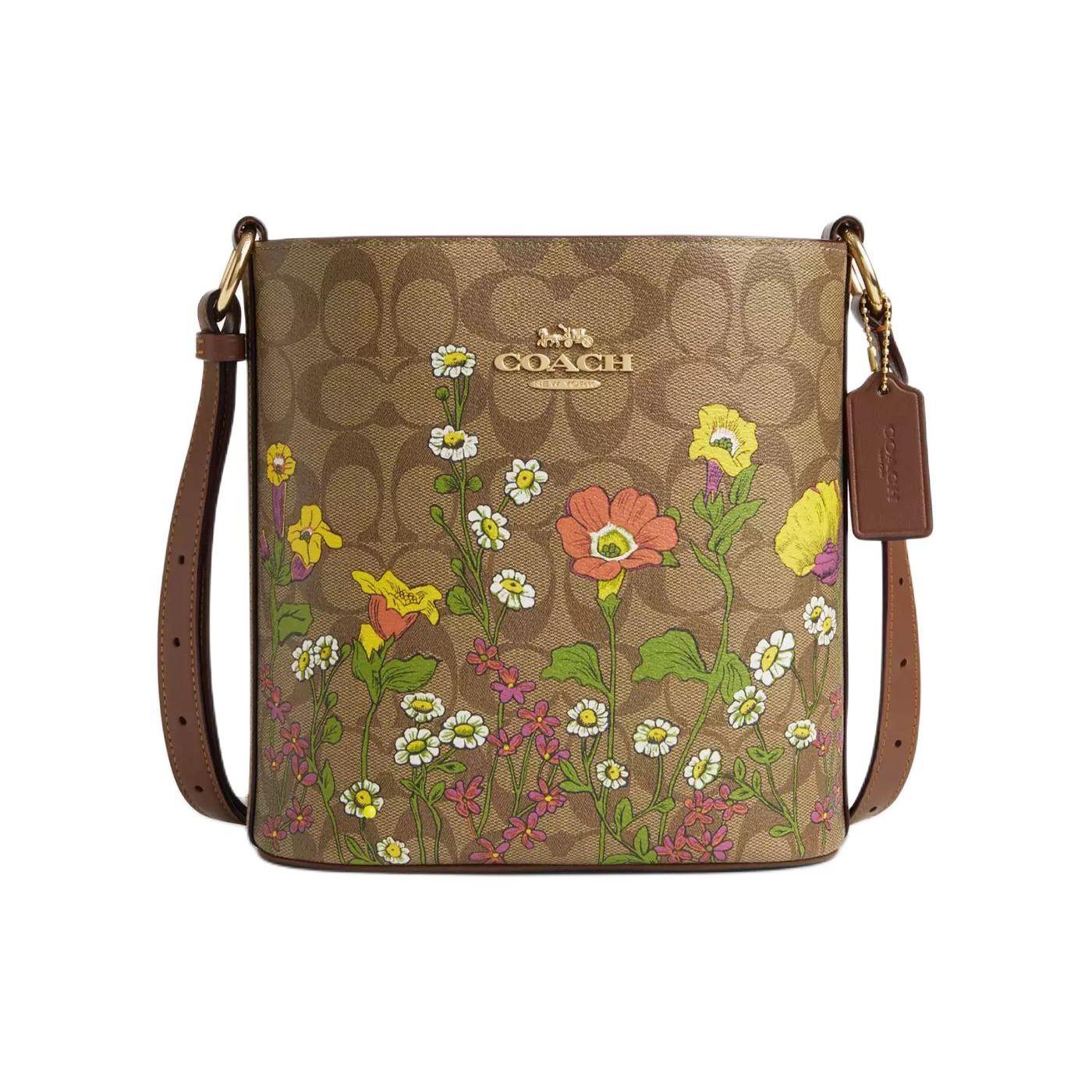 Coach Sophie 22 Floral Print Signature Canvas Bucket Bag Women Shoulder Bag Gold Khaki Multicolor CR155-IME7V Basic Set (Bag+Dust Bag)