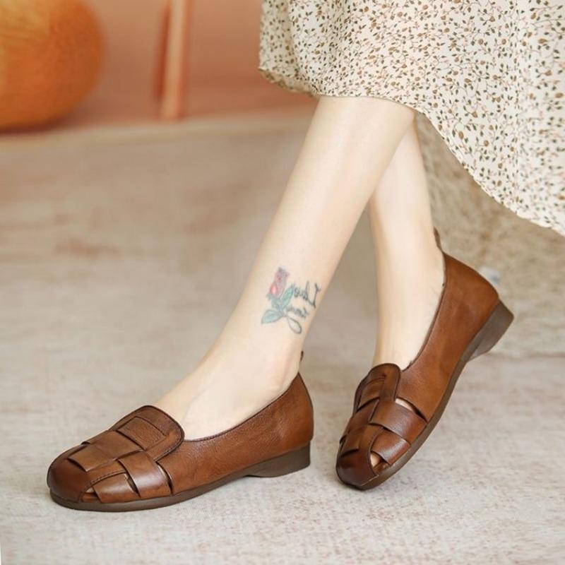 

Fashion 2025 New Braid Cutout Loafers Women s Brown Moccasins Female Vintage Shoes Slip On Leisure Retro Flats 35 коричневый