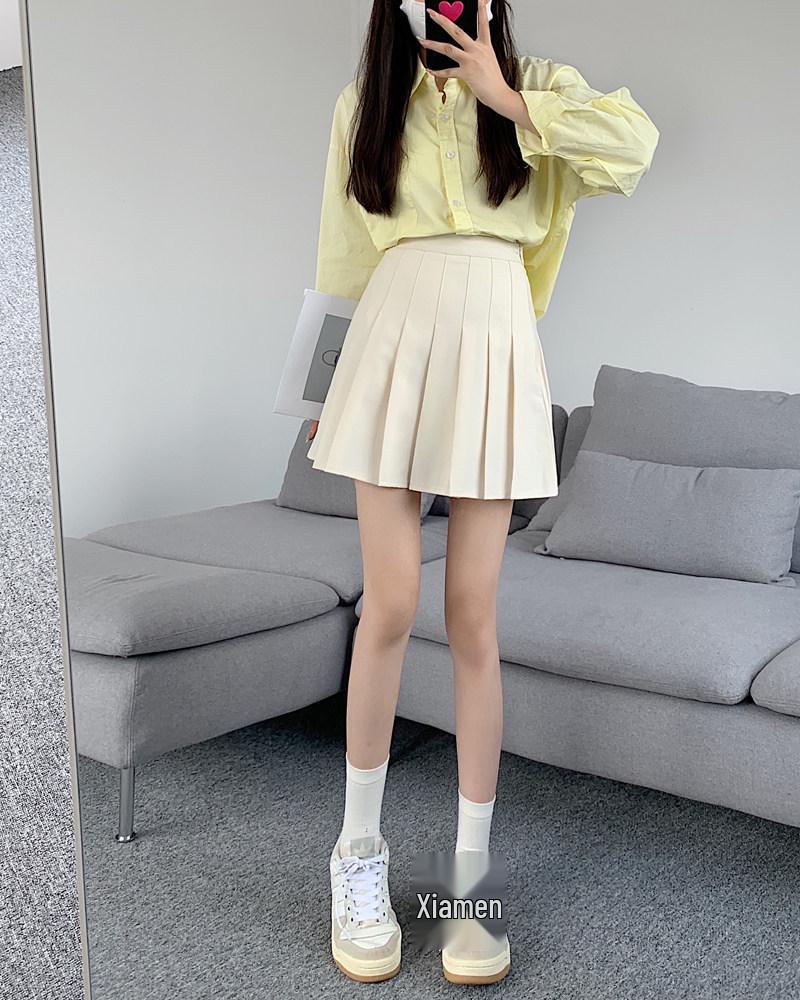 Women's Plus Size Woolen A-Line Pleated Skirt in Khaki - High Waist, Short Length for Spring and Autumn