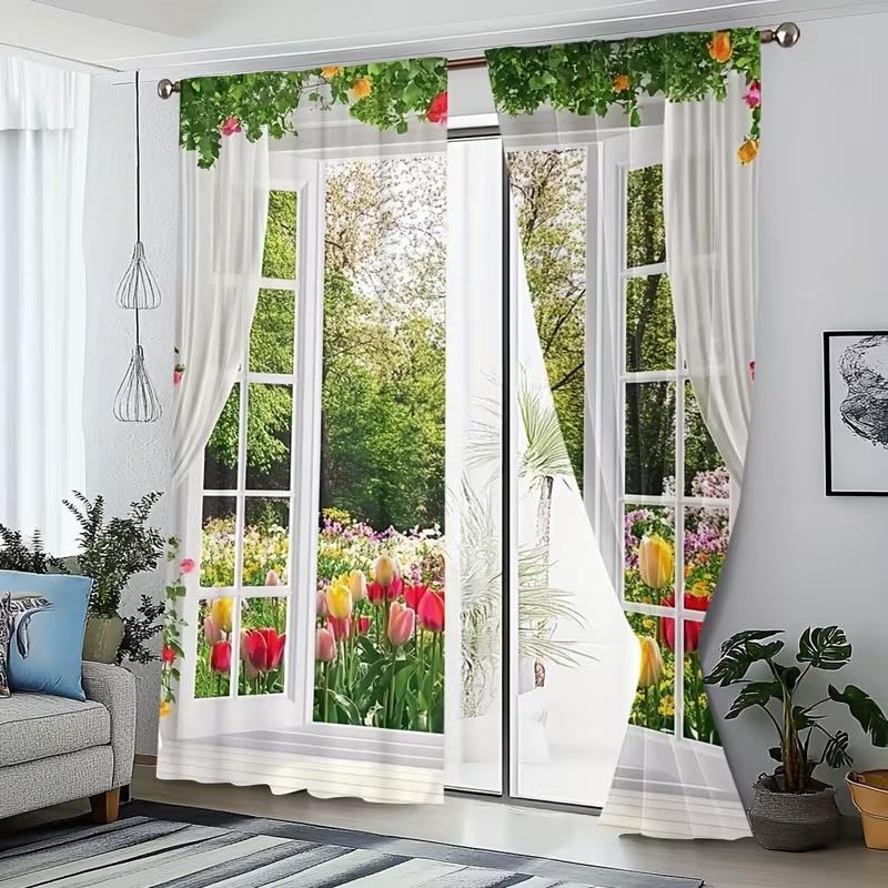 2 Pcs Windowsill garden print curtains,suitable for bedroom,living room kitchen decoration,home decoration, window curtain