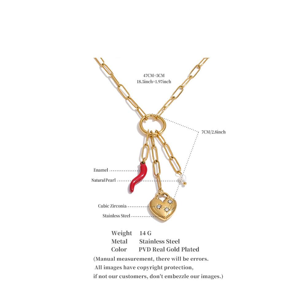 Eetit New Style Natural Pearl Zirconia Heart Chili Drop Chain Charm Necklace Stainless Steel Fashion Waterproof Pendant Jewelry