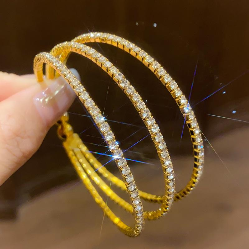 Rhinestone Geometric Multi-Layer Open Bangle - Exquisite High-End Fashion Bracelet