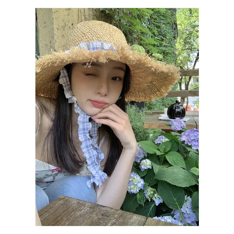 Big Brim Sun Hat Seaside Beach Idyllic Forest Bow Streamer Straw Hat Female Summer Flower Tulip