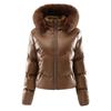 Women's Winter Fashion Casual Slim Cotton Jacket Faux Fur Collar and Hooded Hooded Warm Jacket Coat Pu Leather Zipper