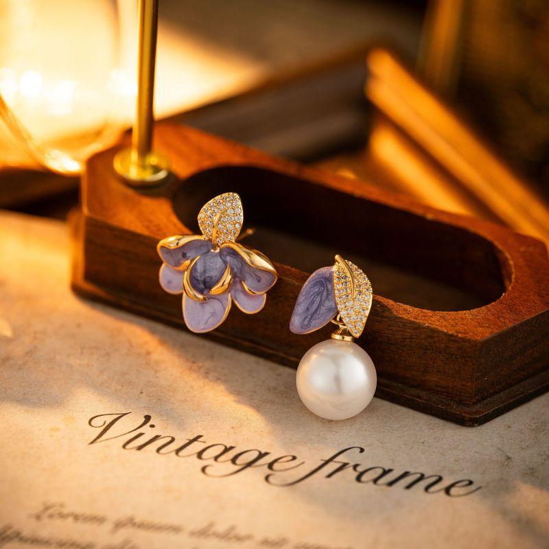 Ins925 Silver Needle Oil-Drip Petal Pearl Earrings Luxury High-End Earrings Vintage European and American Style Earrings Purple [S925 Silver Needle]