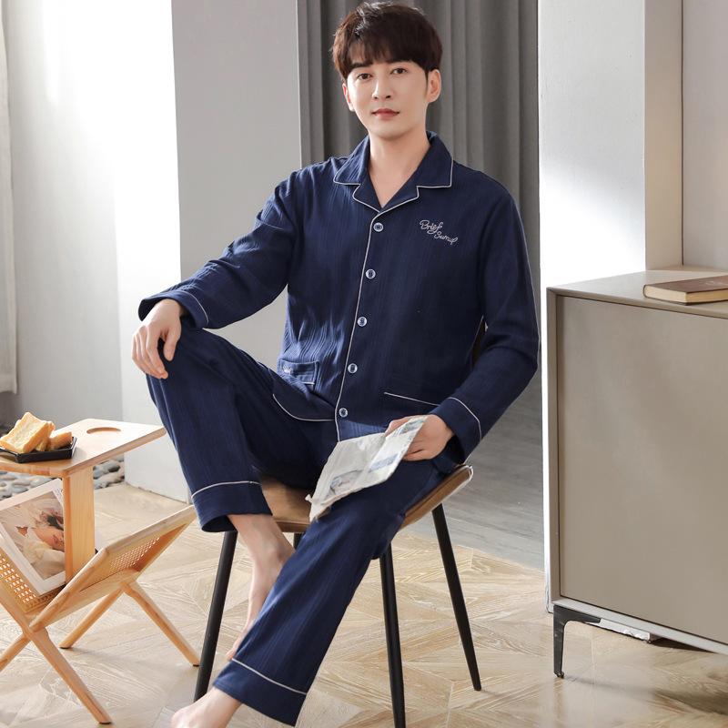 Pijama para Hombre Algodón Puro Manga Larga Primavera y Otoño Hombre Otoño e Invierno Delgado Algodón Cárdigan Talla Grande Conjunto