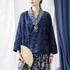 Damen Vintage Jacquard Hemden V-Ausschnitt Langarm Marineblau Herbst Blusen Chinesischer Stil Damen Button Shirts