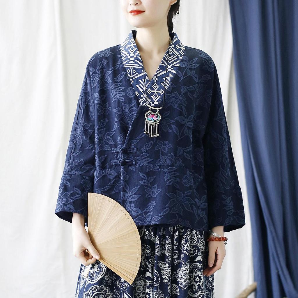 Damen Vintage Jacquard Hemden V-Ausschnitt Langarm Marineblau Herbst Blusen Chinesischer Stil Damen Button Shirts