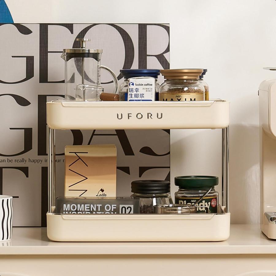 Countertop Coffee Station Organizer 2 Tier Wine Glass Holder Mug Shelf with Removable Drain Tray Spice Rack for Kitchen Bathroo