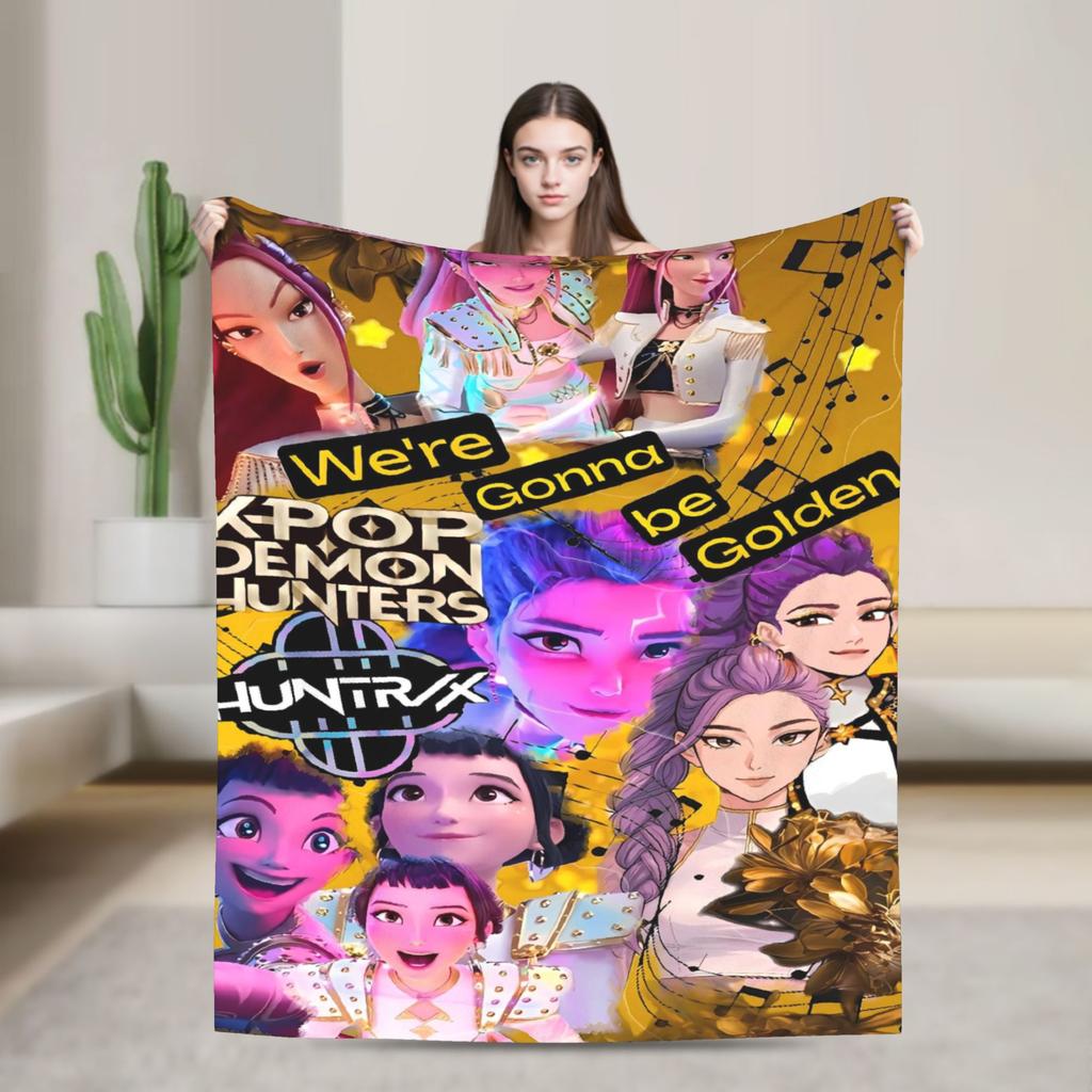 Warm Soft Blankets KPop Demon Hunters Golden Music Throw Blanket Flannel Bedspread For Living Room Street Trend Sofa Bed Cover