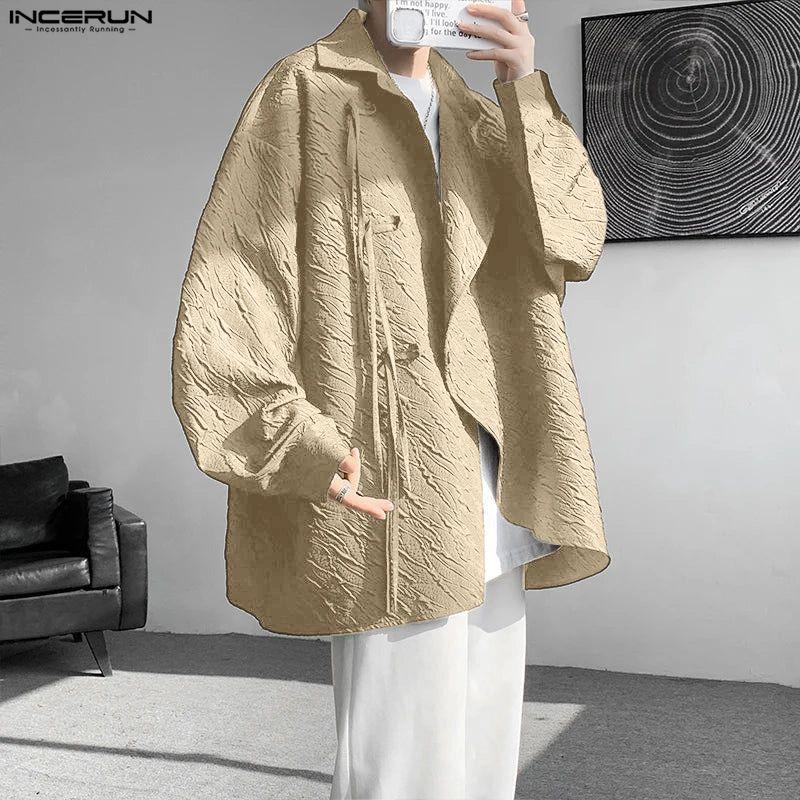 INCERUN Oversized Men Turn Down Collar Long Sleeve Side Cross Irregular Texture Shirts Tops