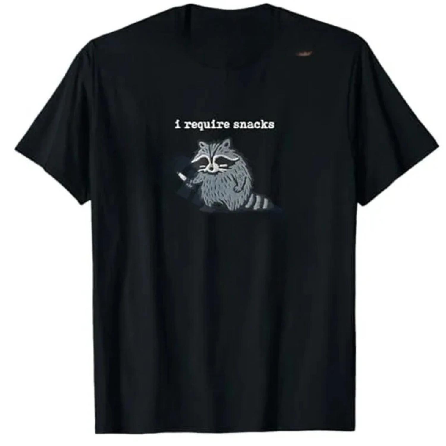 

I Require Snacks Raccoon T-Shirt Humor Funny Cute Animal Print Y2k Design Tees Graphic Outfit Short Sleeve Blouses Novelty Gift XXXXXL чорний