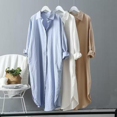 Damen Frühling und Herbst Übergröße Mittellang Dünne Sektion Revers Baumwolle Leinen Einfarbig Langarm Strickjacke Hemd