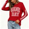 Women's Casual Long Sleeve Neck Top with Rugby Print and Side Slit for Everyday Wear