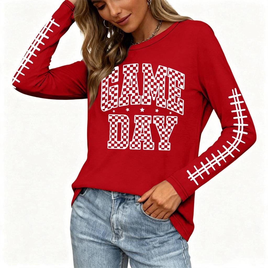 Women's Casual Long Sleeve Neck Top with Rugby Print and Side Slit for Everyday Wear