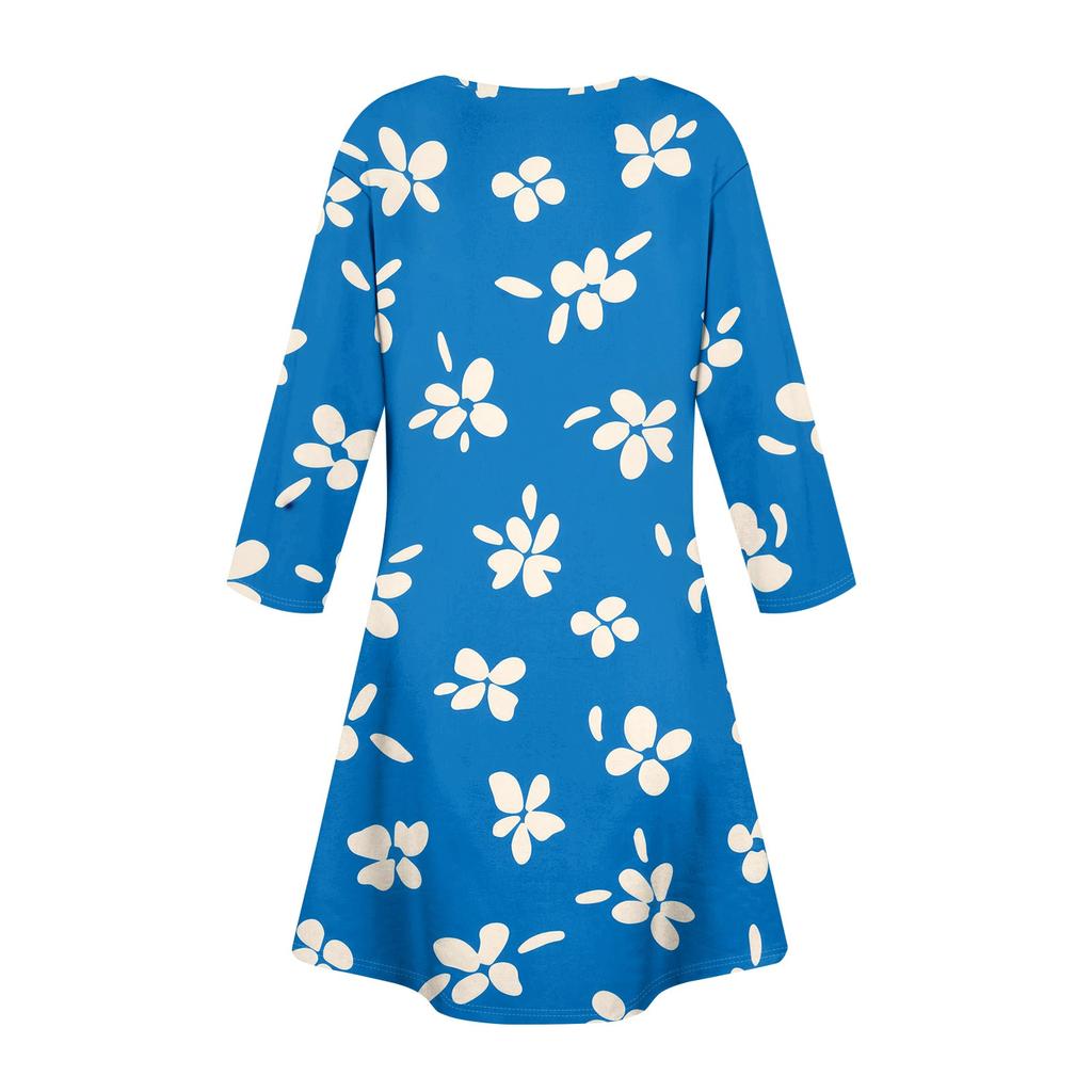 Women's Summer Dress Loose V Neck Three-quarter Sleeve Sundress With Pockets Dress