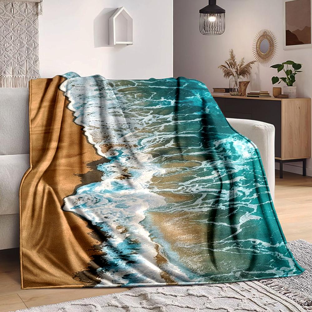 1Pc Ocean Waves Sandy Beach Blanket Soft And Comfortable Casual Warm Camping Travel Christmas Halloween Xmas Gift Em9281