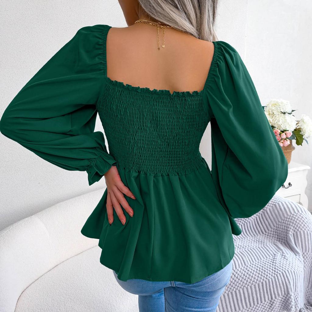 Women's Casual Fashion Solid Color Ruffled Square Collar Long Sleeve Chiffon Shirt