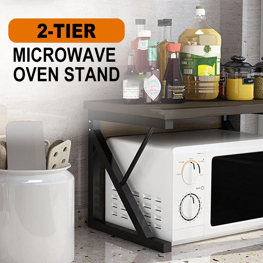 2 Tier Microwave Oven Stand Wood Storage Rack Shelf Z Shape Space Saving Kitchen Bracket Cabinet Organizer Metal + Wood 21.25x13.77x14.17in