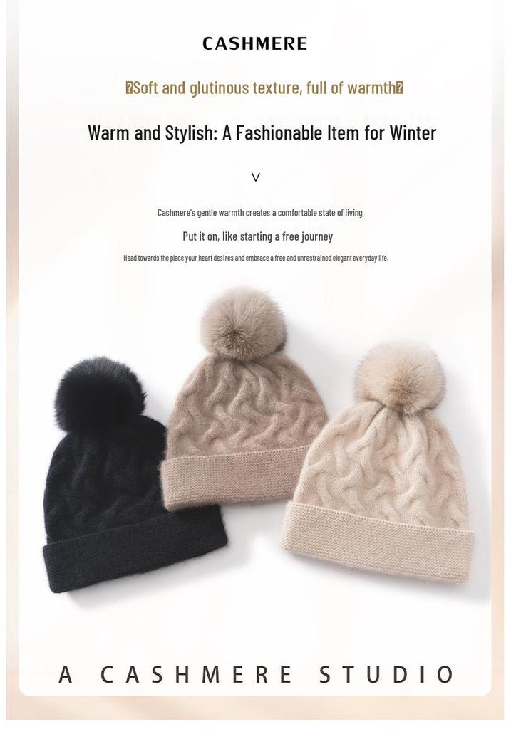 Women's 100% Pure Cashmere Cable Knit Pom-Pom Hat with Ear Protection - Stylish and Warm Head Wrap