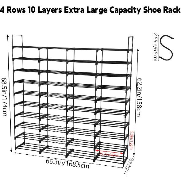 Extra Large Shoe Rack – 4 Columns × 10 Tiers, Holds Up to 72–80 Pairs – Heavy-Duty Stackable Metal Shoe Organizer for Entryway, Closet, Garage