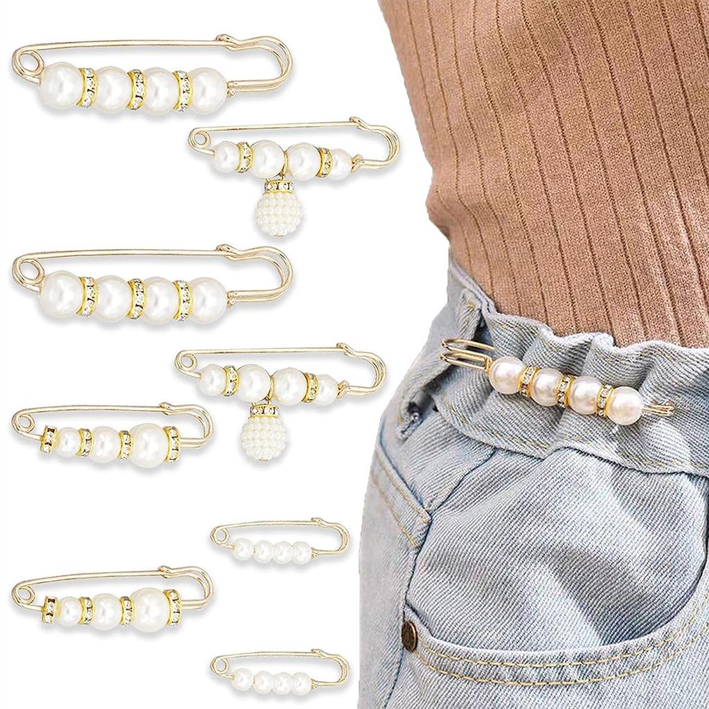 Detachable Pearl Brooch Pins Fastener Pants Pin Decoration Button Clips Sewing-Free Buckles for Jeans Waist Extender Safety Pins