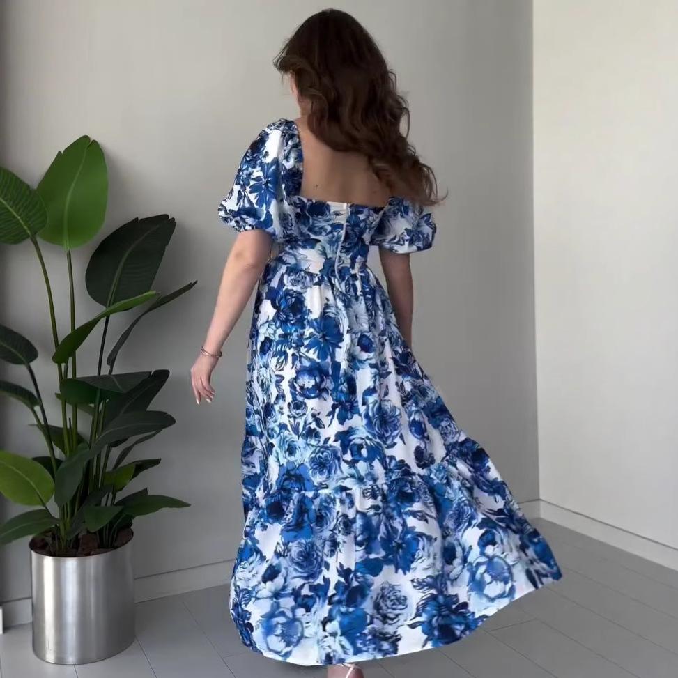 2025 Bohemian Graffiti Puff Sleeve Backless Waist-Cinching French Style Long Dress for Women