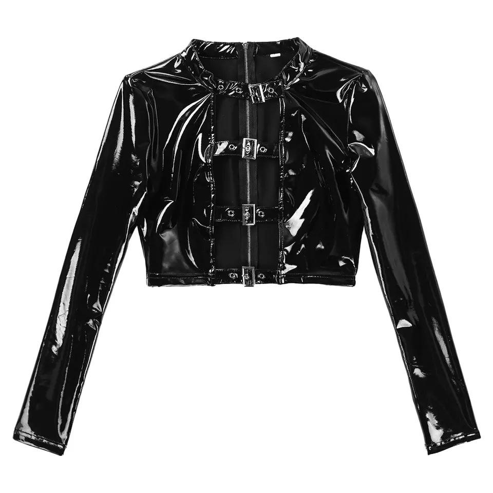 European & American Sexy Black Patent Leather Lace-Up Lingerie Set with Hollow Design