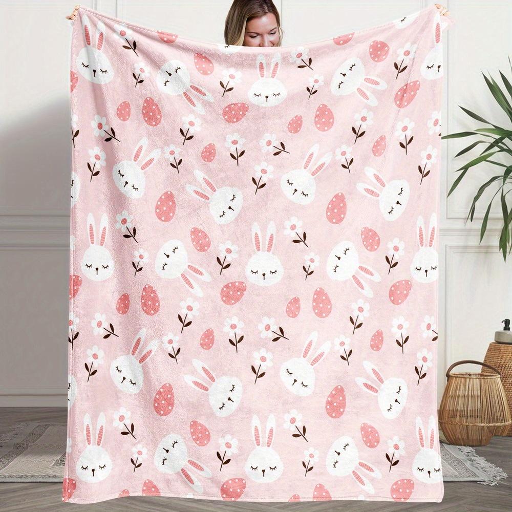 Pink Easter Bunny Egg Flannel Throw Blanket Cute Rabbit Floral Spring Holiday Soft Bed Blanket