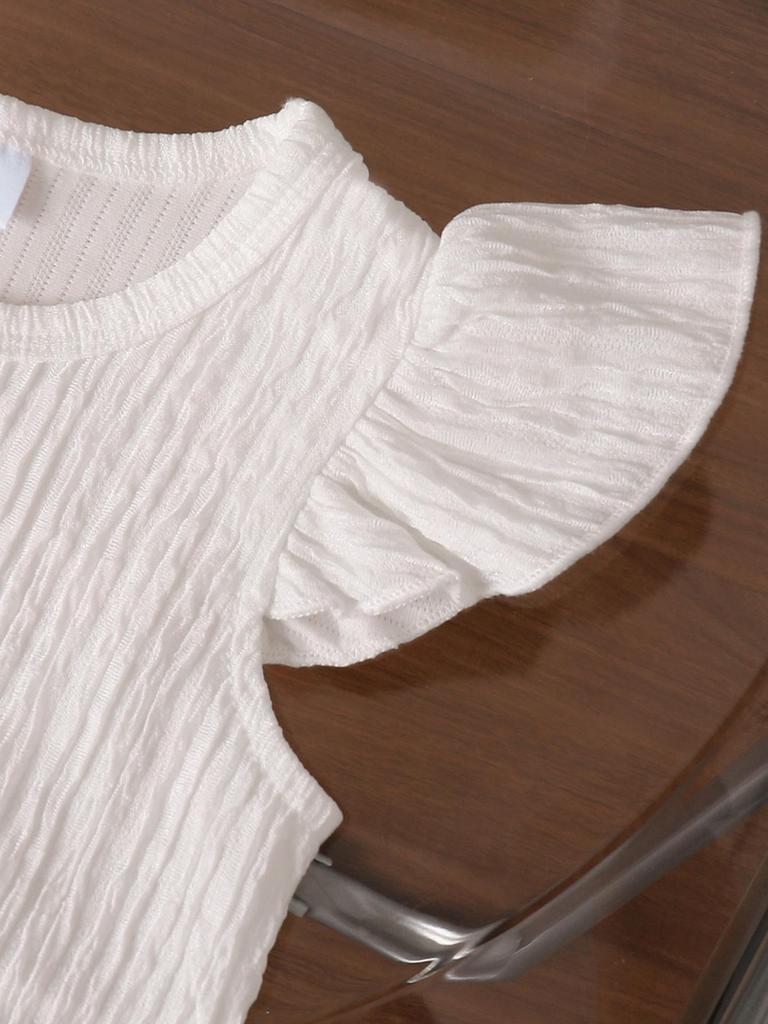 Infant Girls' Summer Two-Piece Set: Flying Sleeve White Ribbed Top & Daisy Denim Shorts