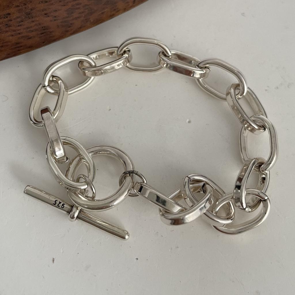 100% Solid 925 Silver Metal Bracelet for Women Vintage Handmade Simple Retro Heart Chain Bracelet Birthday Gift Party