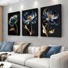 3-piece Set of Modern Abstract Blue Gold Gradient Flower Decoration Paintings, Living Room Foyer, Bedroom Sofa, Background Wall,