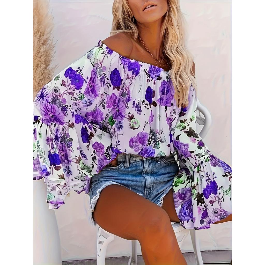 Women's Off The Shoulder Long Sleeve Top Slim Fit Vacation Floral Print Bell Sleeve Blouse