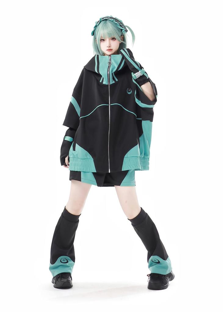 XHSUKADO Jirai-kei Hoodie Black & Green Embroidery Zip-up Size M