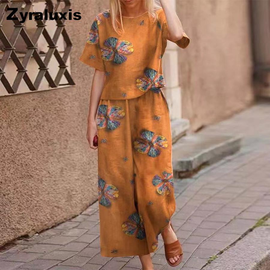 New Women's Printed Cotton Linen Floral Short Sleeve Casual Nine-Nine Pants Set Polyester