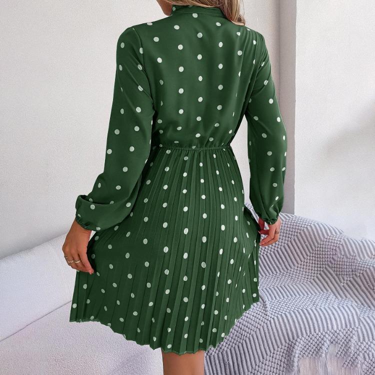 High Waist Women's Long Sleeve Dress Lace Up Pleated Dot Temperament Autumn Winter
