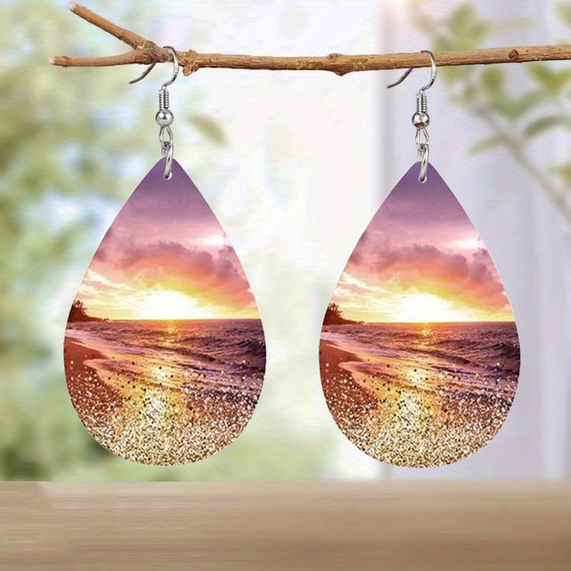 Kolczyki ze skóry PU z wzorem zachodu słońca nad oceanem / fal morskich na plaży, dwustronny nadruk, lekkie wiszące kolczyki dla kobiet, do codziennego noszenia, prezent świąteczny